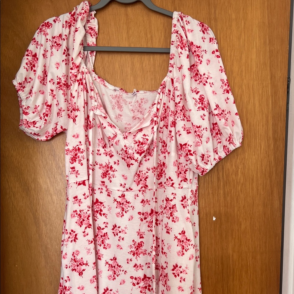 Pink Floral Puff-Sleeve Midi Dress